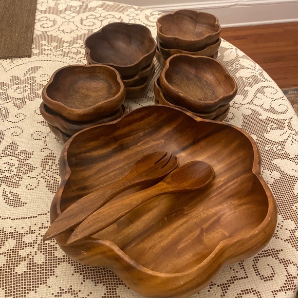 Other - Large wooden salad bowl with 12 small salad bowls and serving pieces
